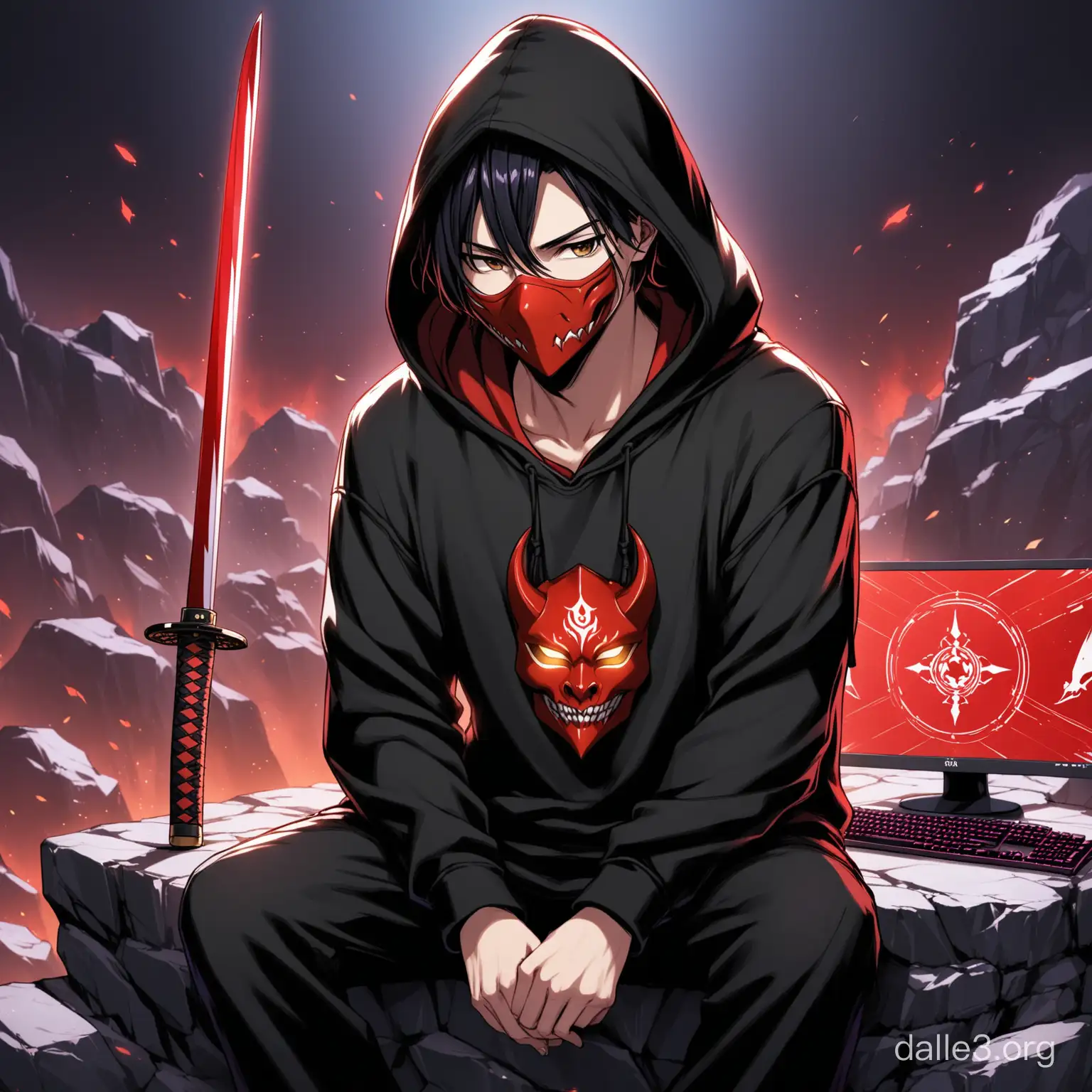 A young guy with black hair, a fade haircut and brown eyes. On his face he has a red demonic mask that covers his face from jaw to nose. Dressed in a black hoodie with a hood over it, the inside of the hoodie is dark purple. Behind her back is a katana with a red hilt. He sits on a stone, with a keyboard and monitor lying close to him. In the background there are shootouts from games such as Apex, CS and Valorant.