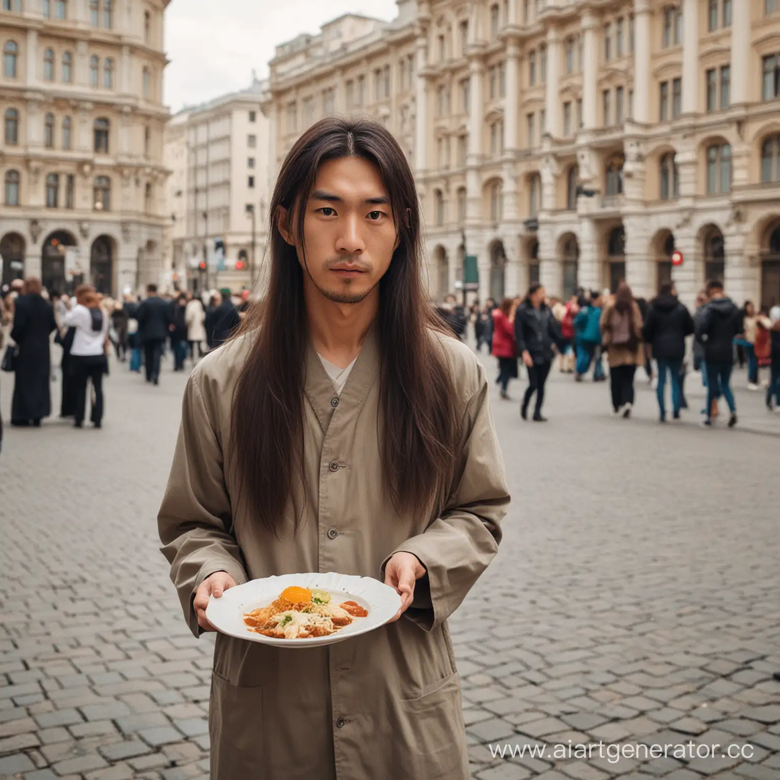 человек японец в Москве с тарелкой стоит, не знает, куда ему пойти, чтобы поесть, вокруг смотрят, ищет места, где покушать. у него длинные волосы