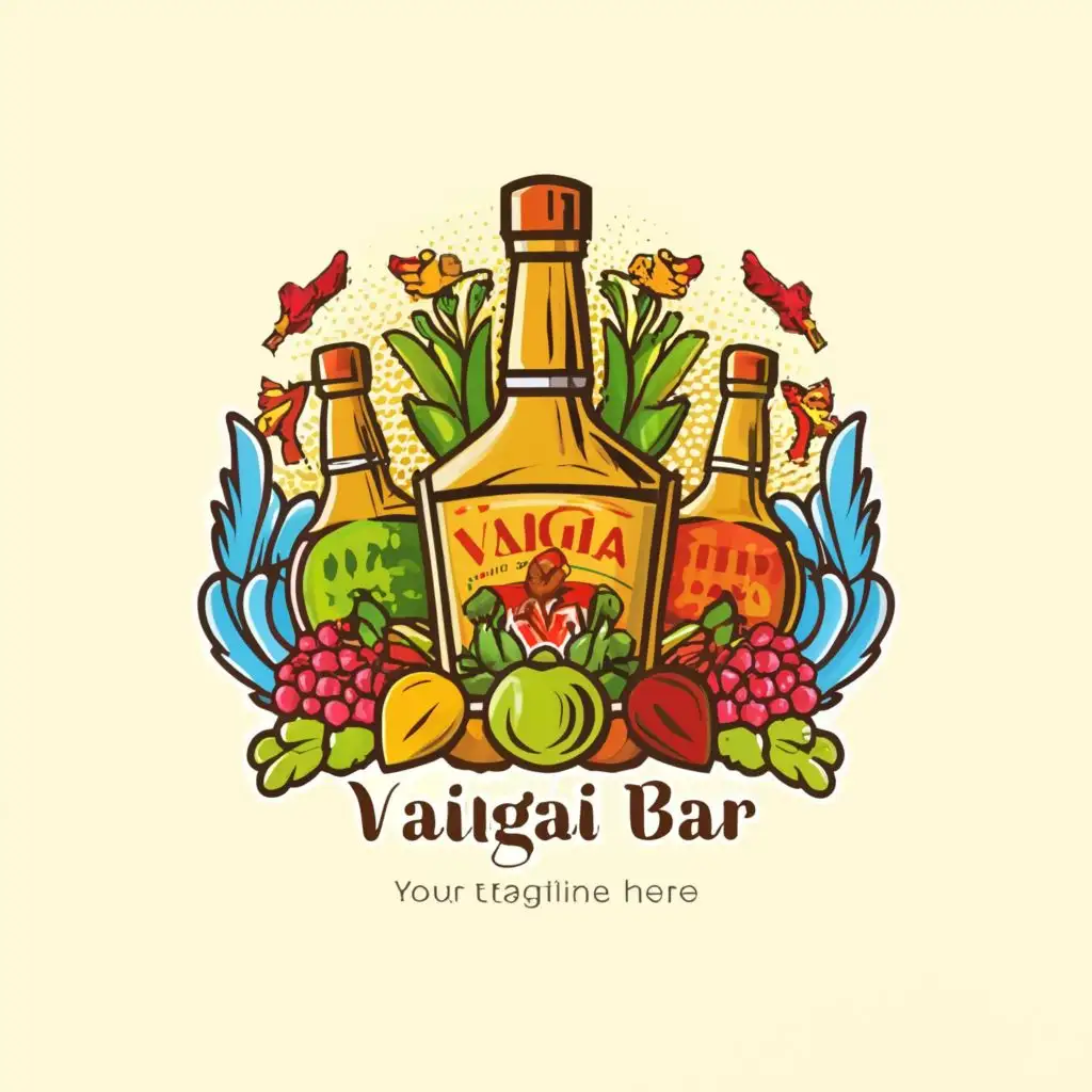 LOGO-Design-for-Vaigai-Bar-Vibrant-Liquor-Bottles-with-Fruit-and-Poultry-Motif-on-Clear-Background