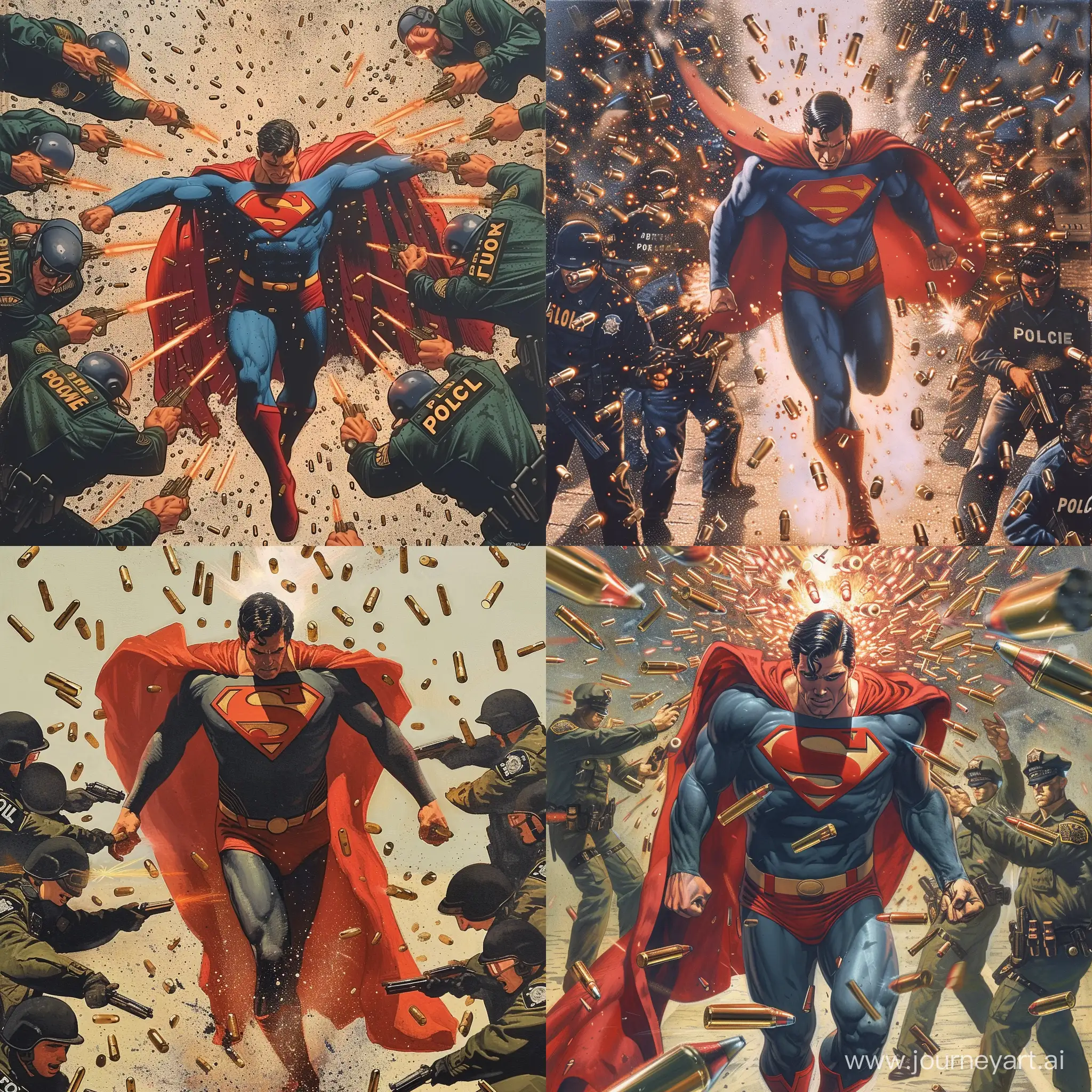 A pop culture impressionist image of Superman using his laser vision to cut police officers in half as he walks through a hail bullets that are bouncing off him.  