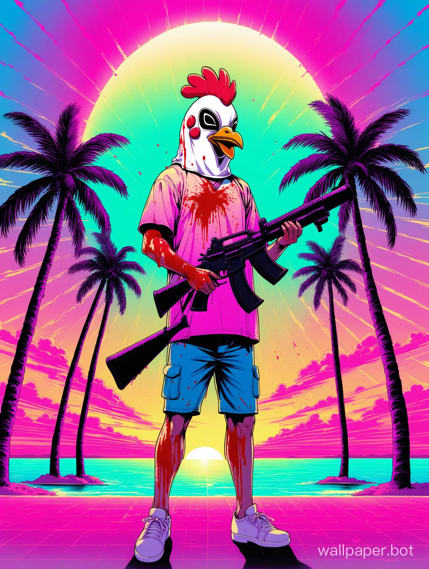 A guy wearing a chicken mask holding a gun and a baseball bat covered in blood standing in front of palm trees vaporwave style