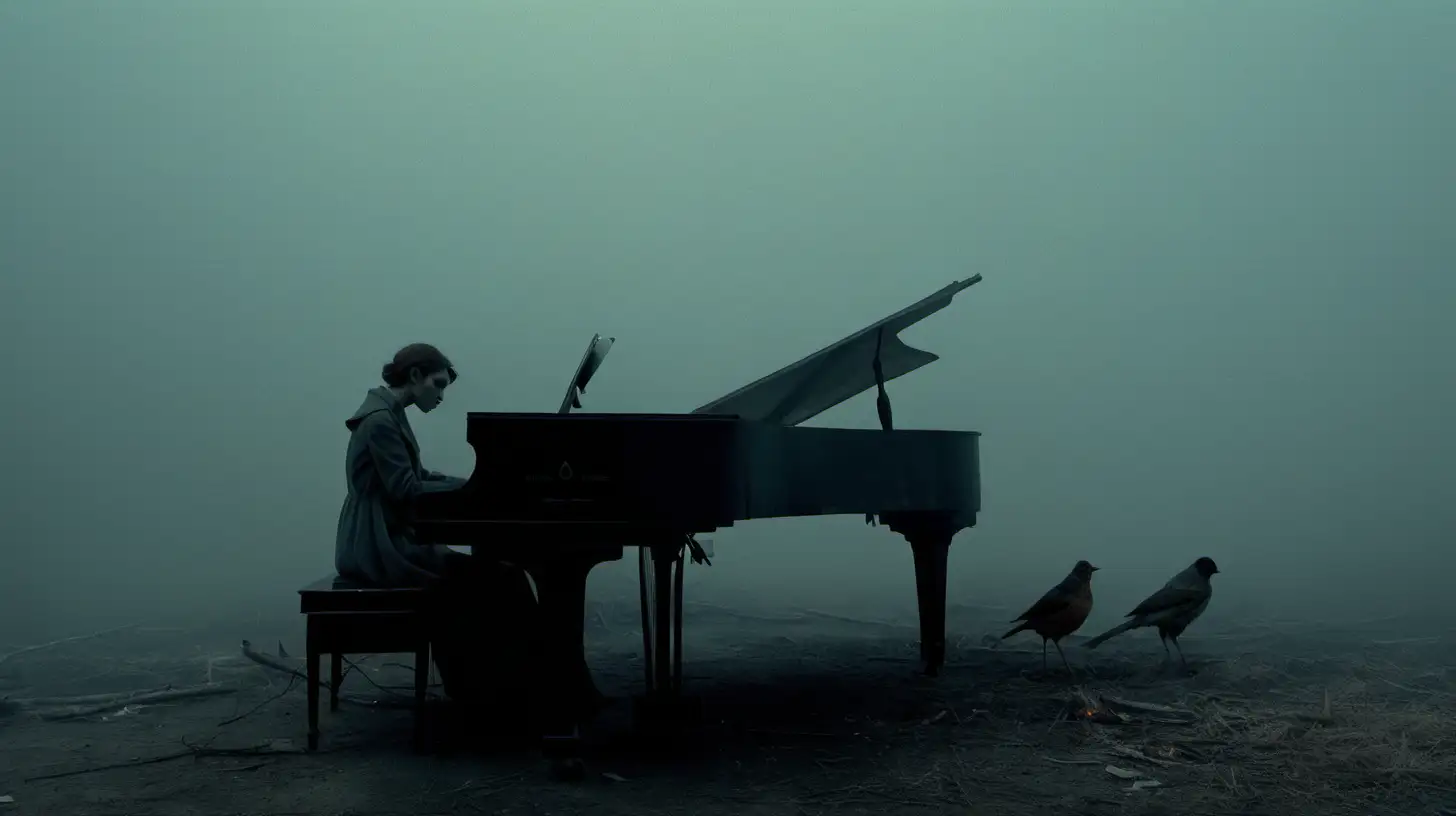 experimental cinematography, dystopian realism, made of mist, expansive skies, transavanguardia, movie still, very foggy, lost places, transylvania, birds, fire, piano