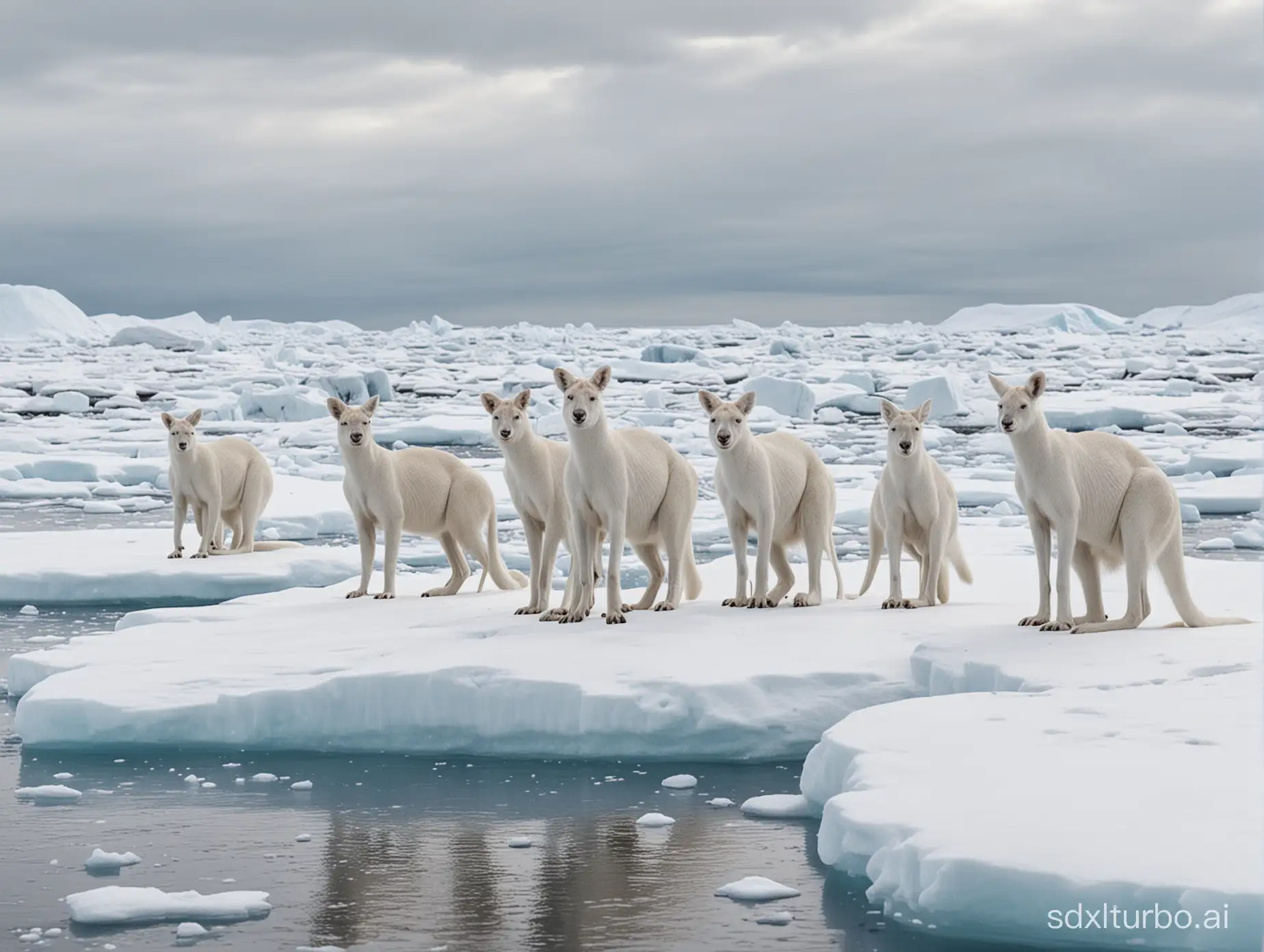 A herd of white albino Kangaroos are far up in the frozen arctic on the ice flows. Ice bergs and vast expanses of snow are seen in the background. Extremely photo realistic all white fur kangaroos.