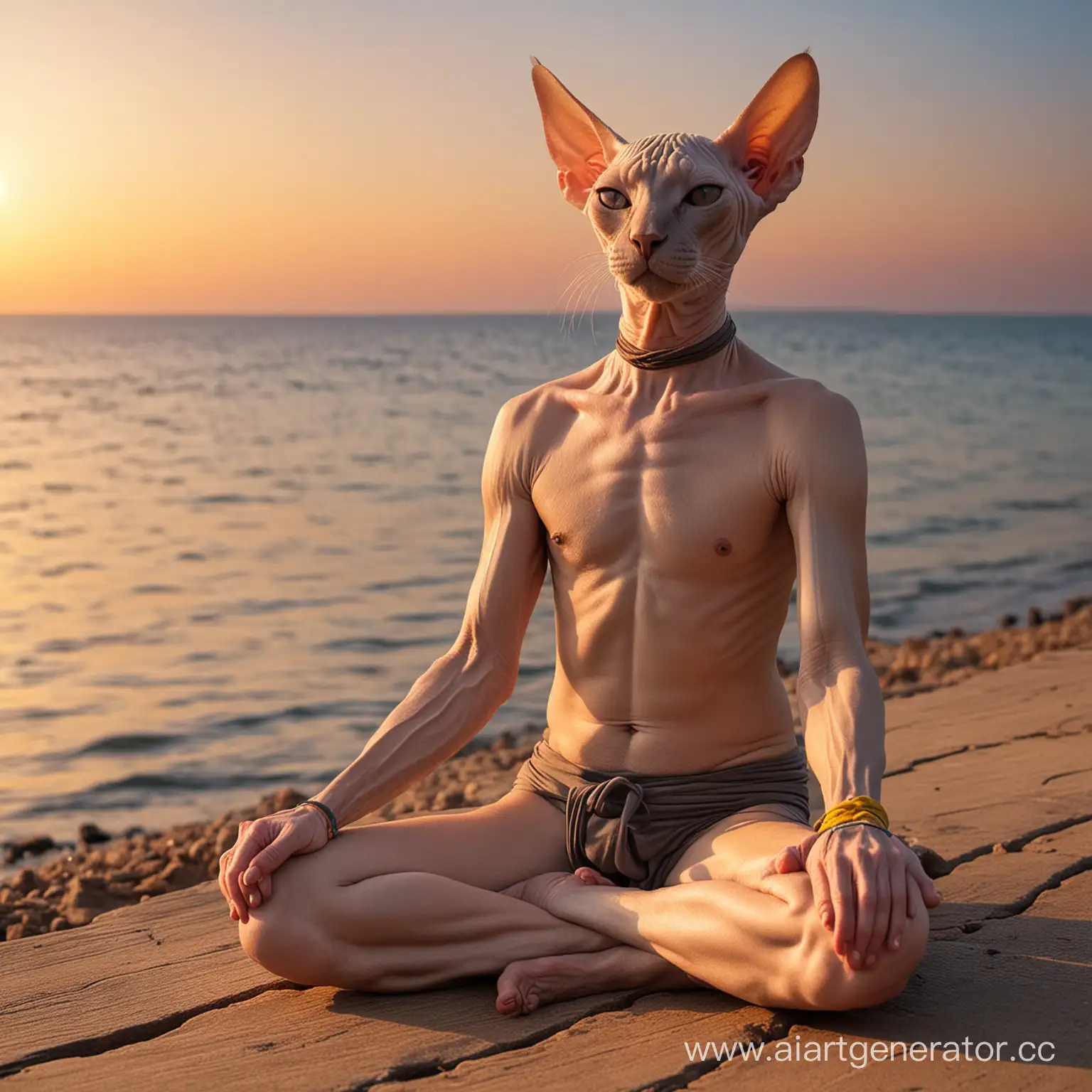 A man-cat of the Sphynx breed, without hair, he has a gray beard, tied with a rubber band, sits in the lotus position and meditates, looking at the sea, evening sunset in the sea, the sun is setting,