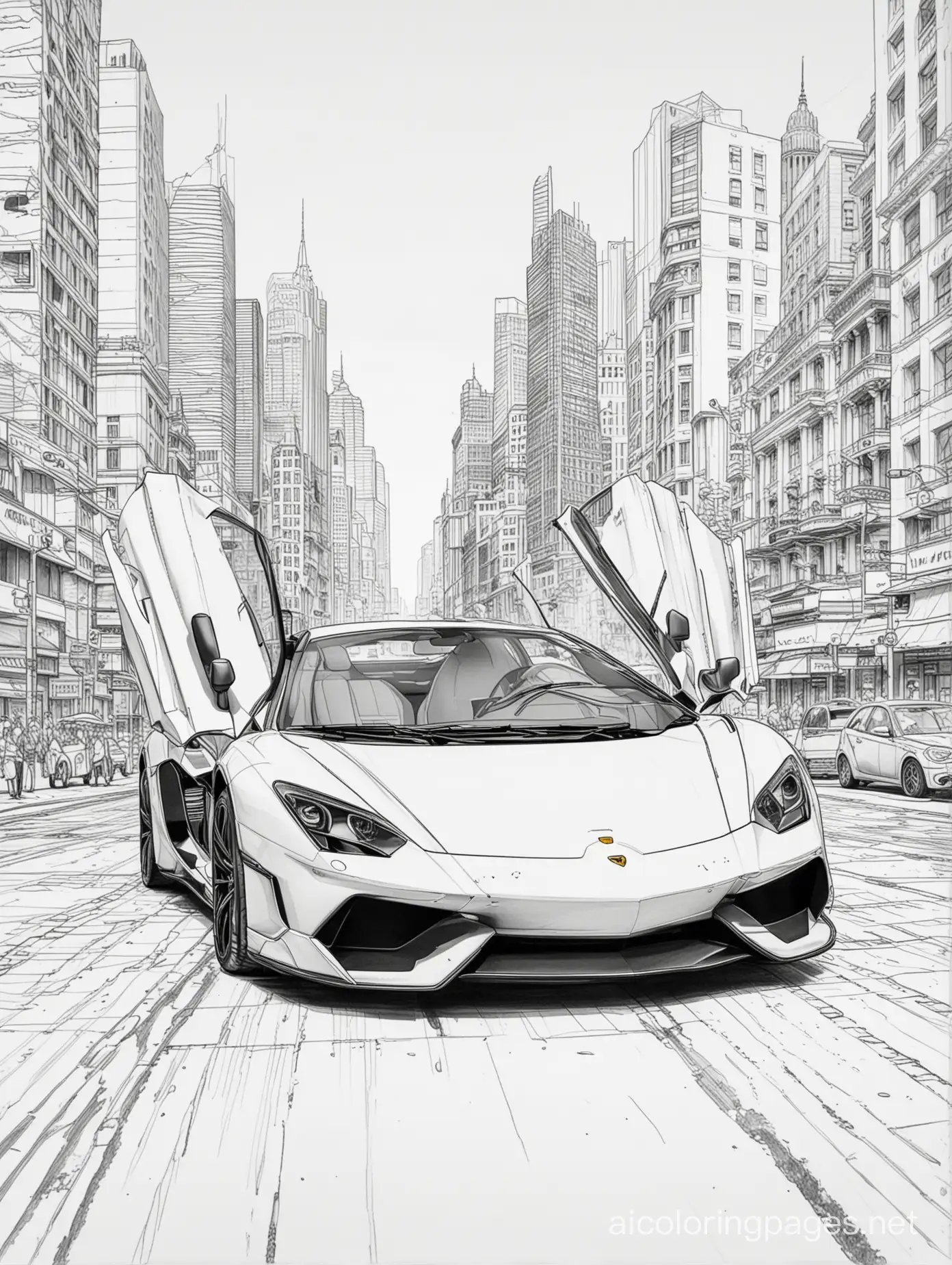 big city, mclaren, lamborghini, Coloring Page, black and white, line art, white background, Simplicity, Ample White Space. The background of the coloring page is plain white to make it easy for young children to color within the lines. The outlines of all the subjects are easy to distinguish, making it simple for kids to color without too much difficulty