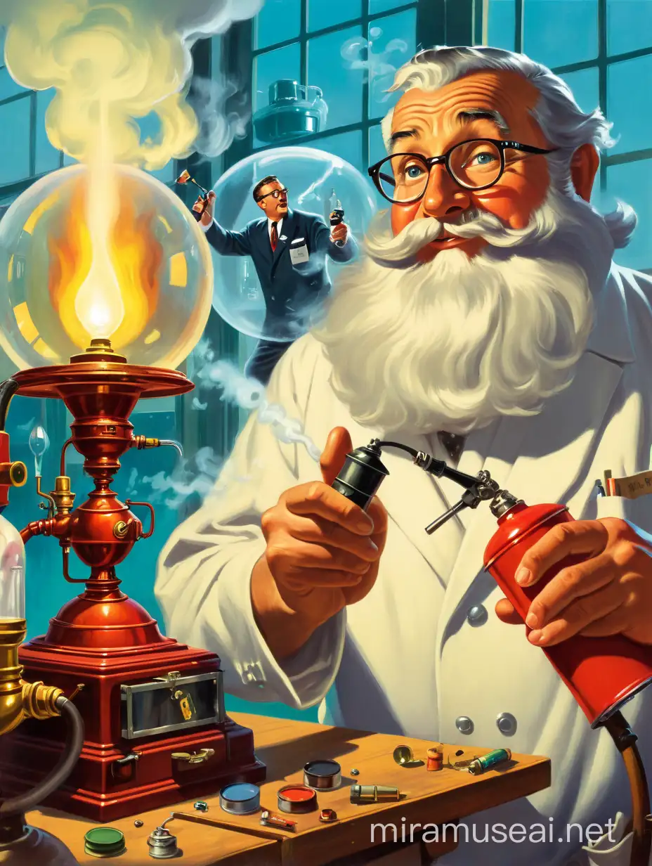 An old, short fat bearded scientist is looking at some artifacts. By accident he rubs an old lamp and smoke comes out of it. He looks really surprised. His little robot assistant holds out a fire extinguisher to the scientist. Show their entire bodies. For the background show a giant glass window. Paint them in the dramatic style of 1950s vintage illustrations. Paint them in the flat colorful style of Gil Elvgren and other colorful artists of the 1950s. Make it humorous and lighthearted.