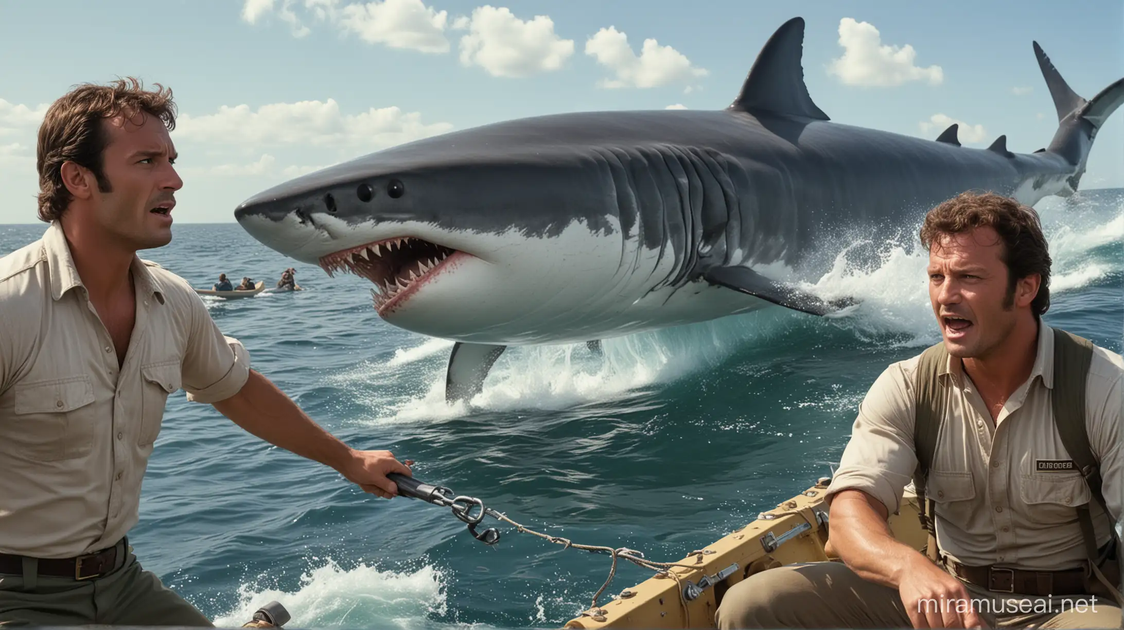 Depiction of an image of an original scene from the 1975 movie Jaws that takes place on Captain Quint’s Boat. In the image we see Quint, Chief Brodie and Matt Hooper in their efforts to kill The Great White Shark. It is daytime, there is much tension between the characters. Quint is trying to be authoritative, Hooper is defiant,  Brodie trying to keep everyone calm. 