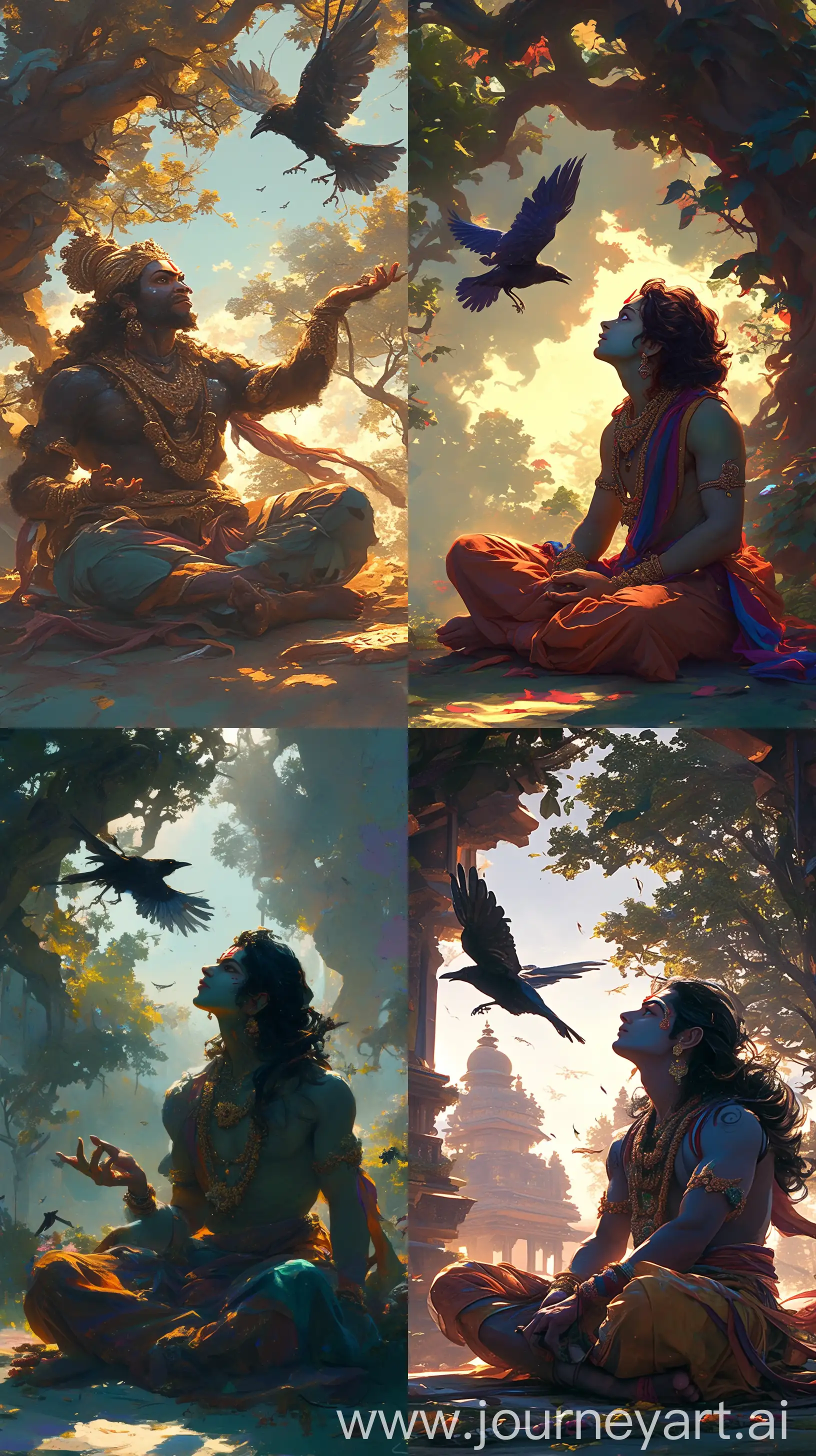 Lord Ram depicted with intricate details, seated in the ground, eyes wide open, ancient Hindu attire, looking at a crow flying over his head, morning light filtering through trees, ethereal ambiance, traditional Indian art style --s 300 --ar 9:16 --niji 6