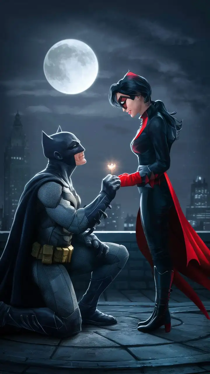 Batman proposing to his girlfriend with a ring in his hand 