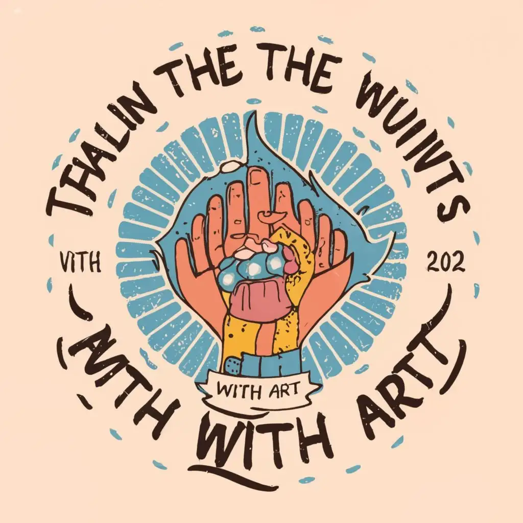 logo, Hand and earthquake, with the text "Healing the wounds after the earthquake with art", typography, be used in Nonprofit industry