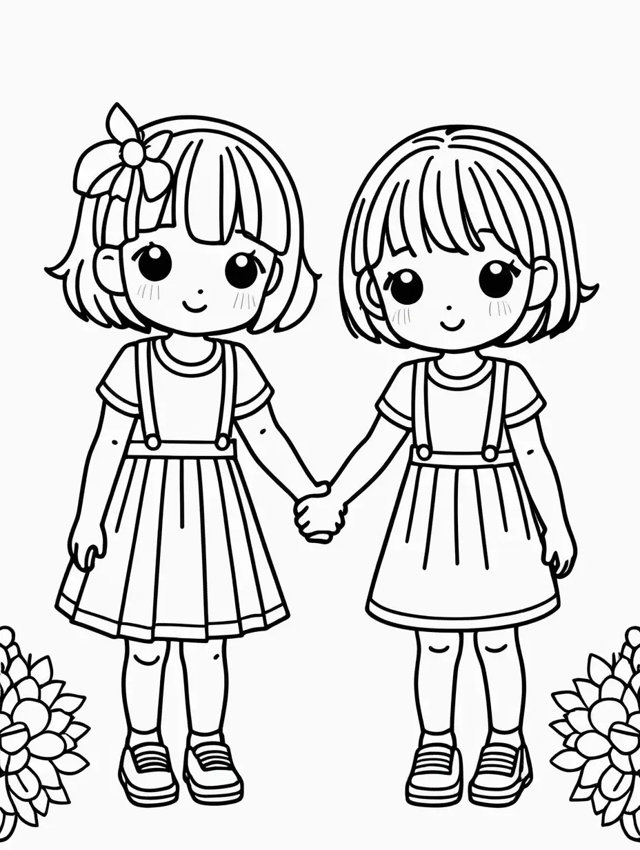 Coloring page for kids, two kawaii female children, the children are holding hands, black lines white background