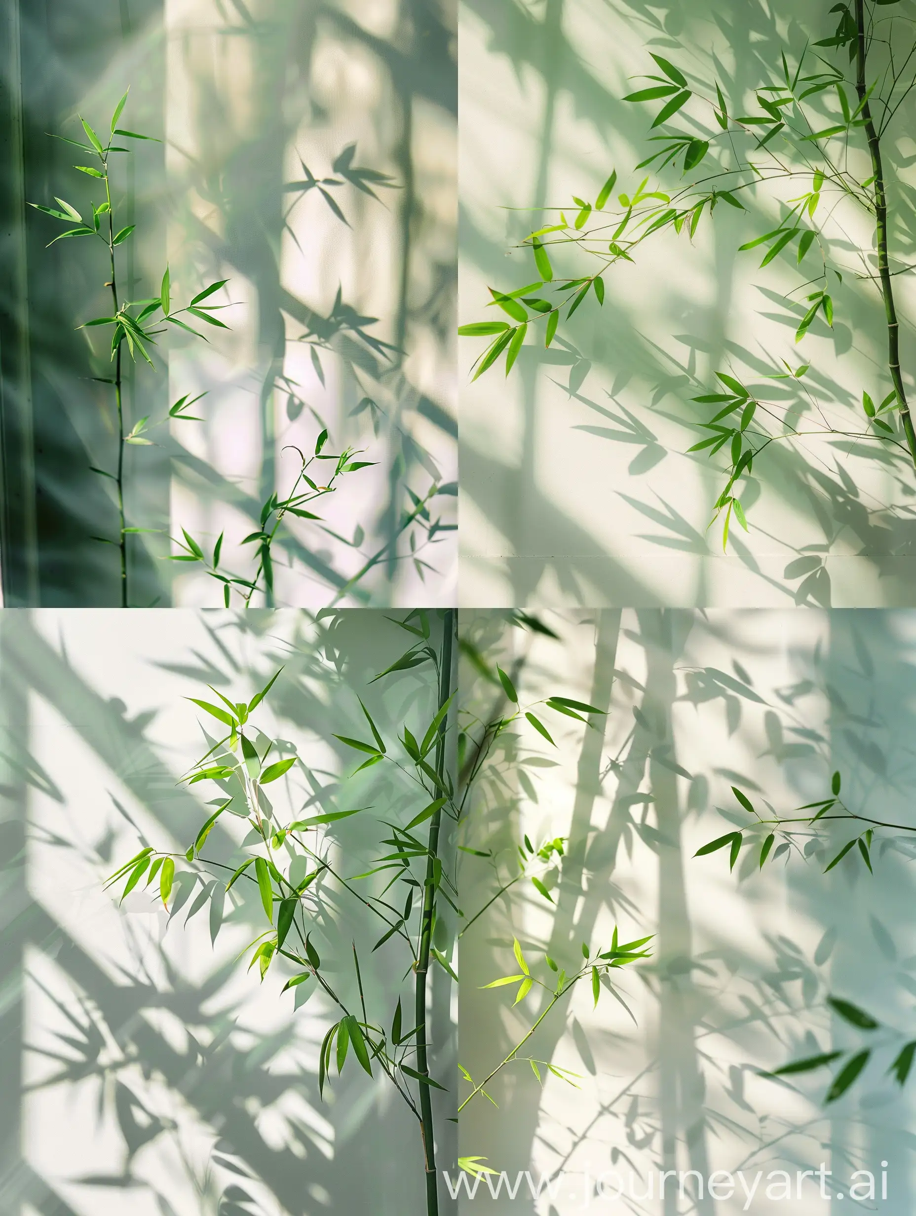绿色的小叶片竹子，阴影倒影在白色墙壁上，户外的阳光照射进来，柔和，唯美主义