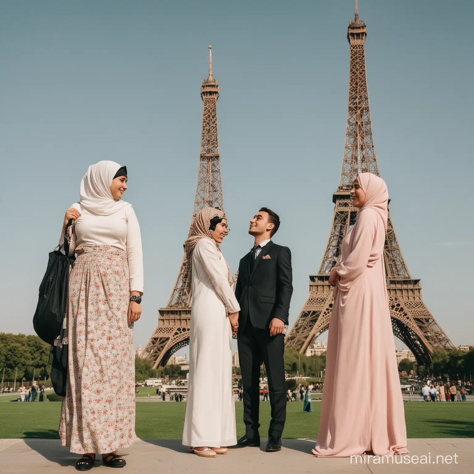 Diverse Couple in Hijab Admiring Eiffel Tower