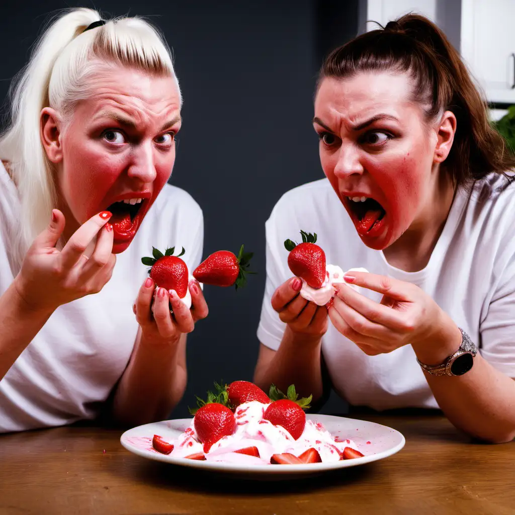 Two Women Making a Mess with Strawberries and Cream Playful Food Fight Scene