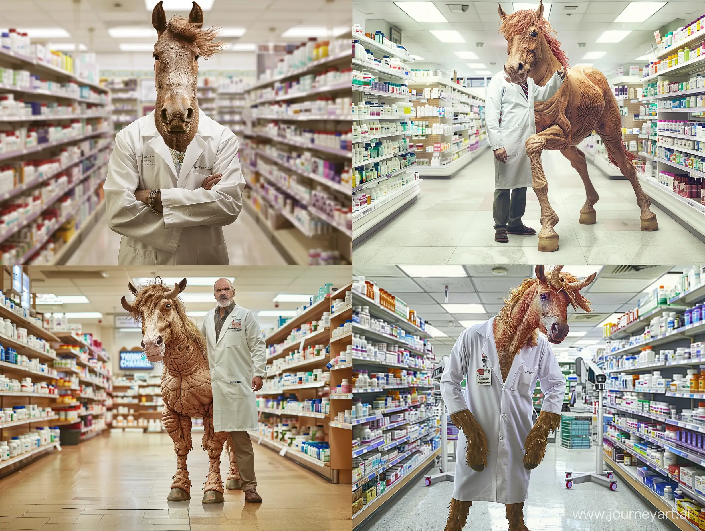 A centaur with the Body of a horse and the Torso of a caucasian man in a labcoat in a 21st Century retail pharmacy high Definition highly detailed. Highly realistic photography. Body of a horse with 4 legs!!!