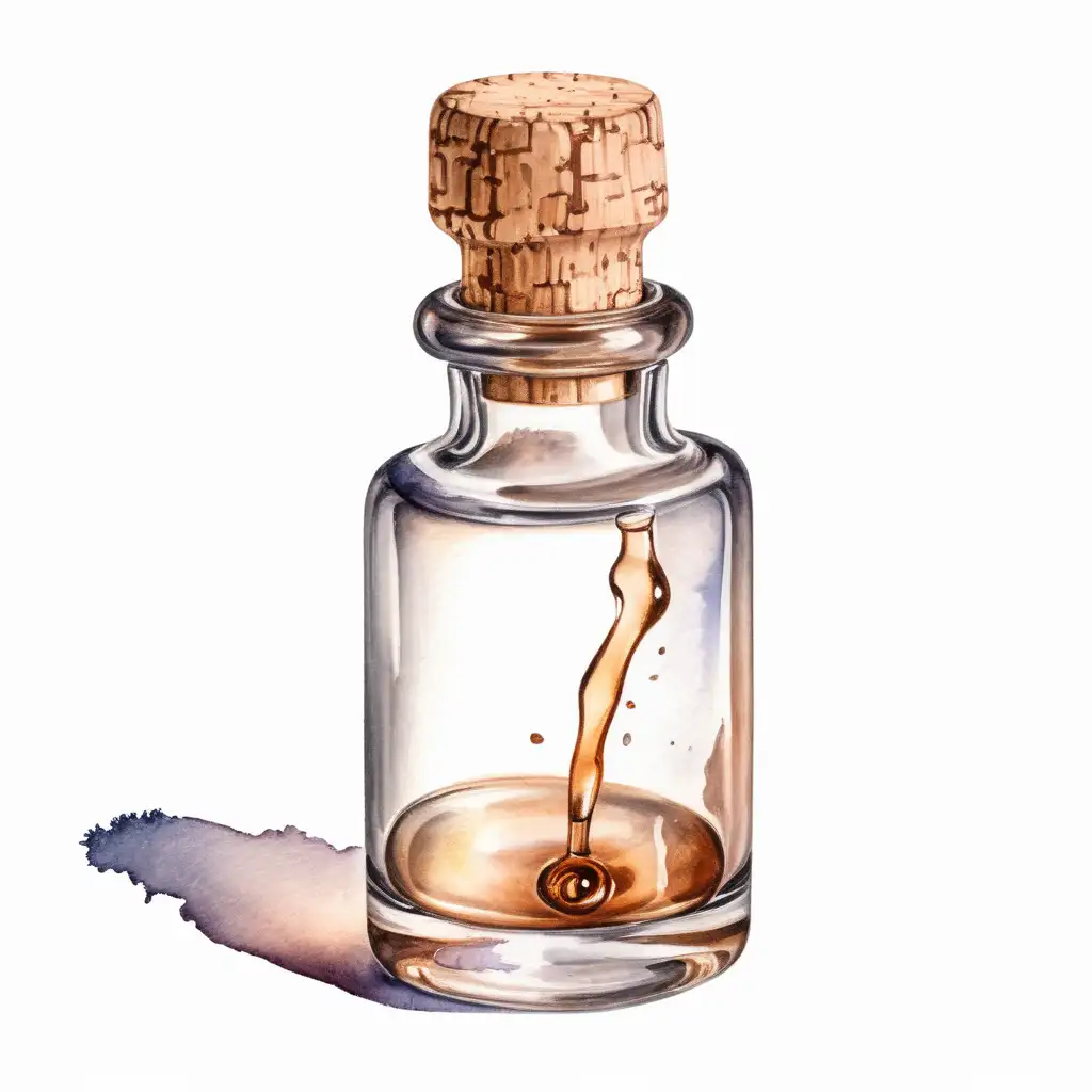 an empty glass vial with cork stopper that smells of perfume when opened, dark watercolor drawing, no background