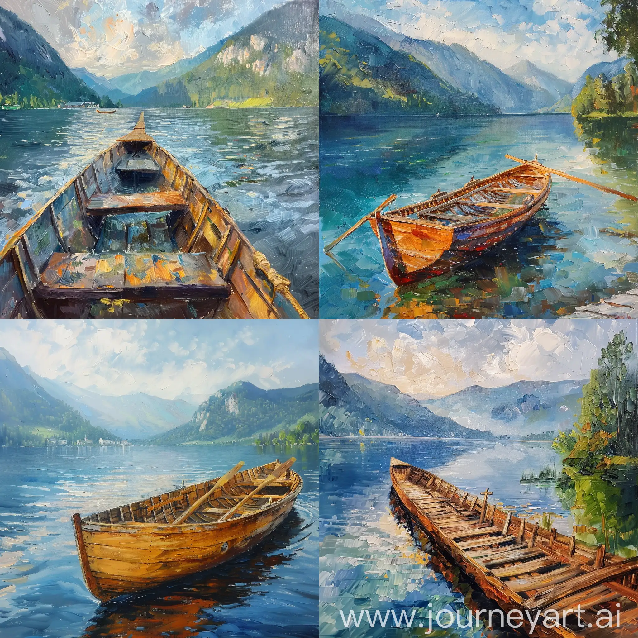 oil/impressionist painting, early morning on the lake 💙,  long traditional wooden fishing boat in austria