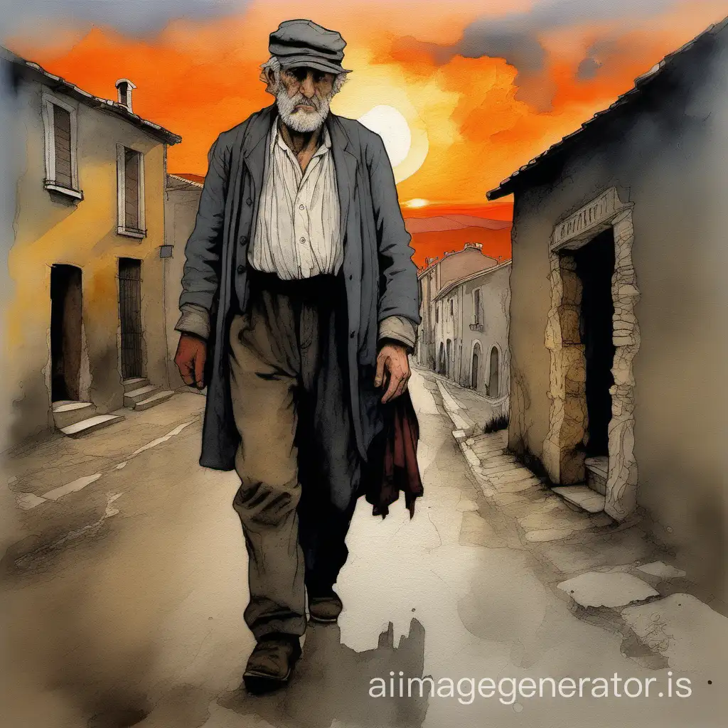 a robust miserable man of fifty arrives in Digne on foot, his face is hidden by a cap, he wears an old gray tattered blouse, it's sunset, we are in the 19th century, painting in the style of Victor Hugo but dirtier
