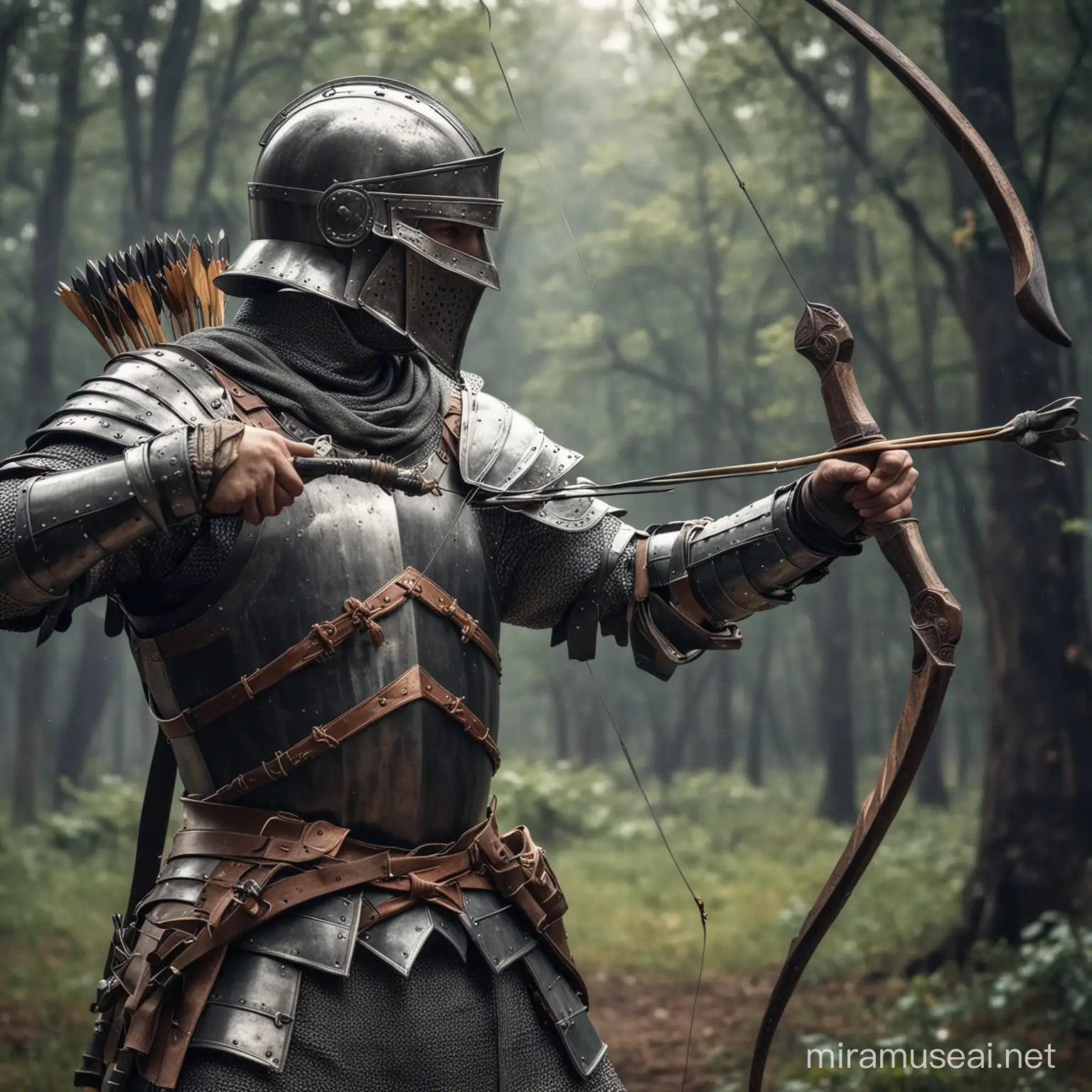 Knight Shooting Arrow with Bow in Medieval Forest