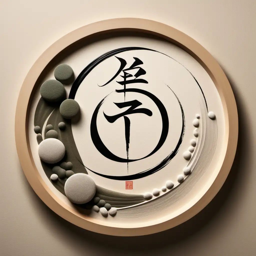 Zen calligraphy, Zen art, Circular brush stroke, Zen garden, peaceful atmosphere, meditative space, background zen garden