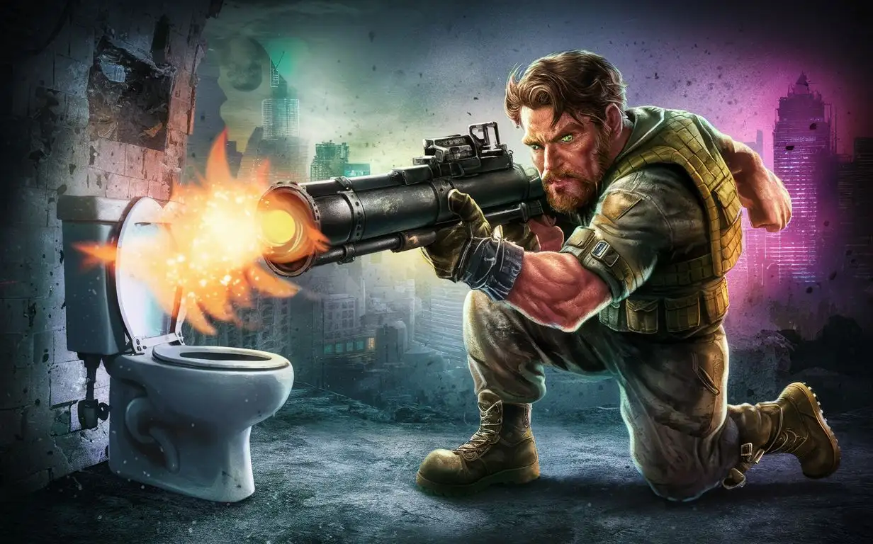 create a green eyes brown haired bearded hero aiming a giant bazooka at a toilet