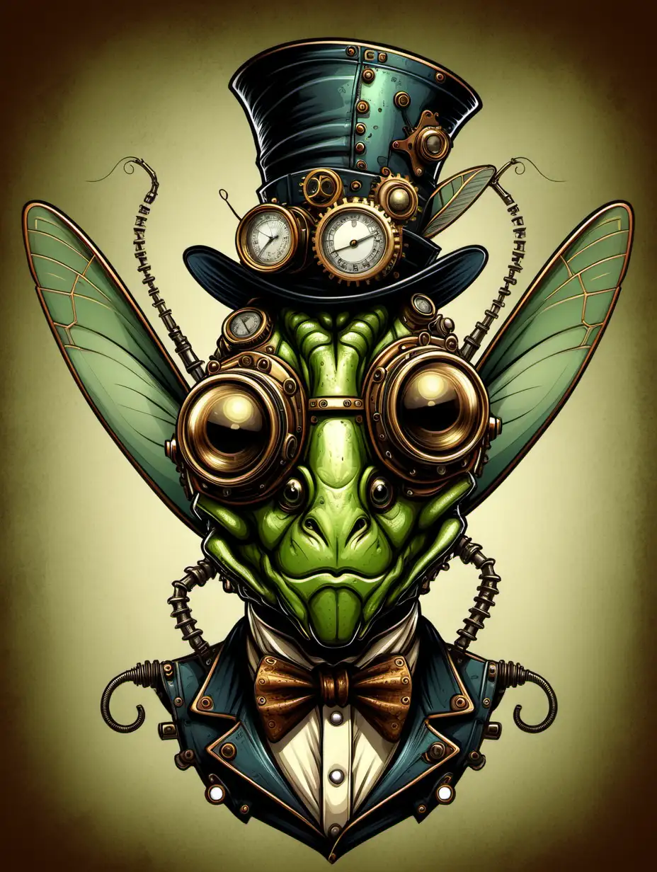 Illustration of an anthropomorphic Grasshopper face steampunk style. 