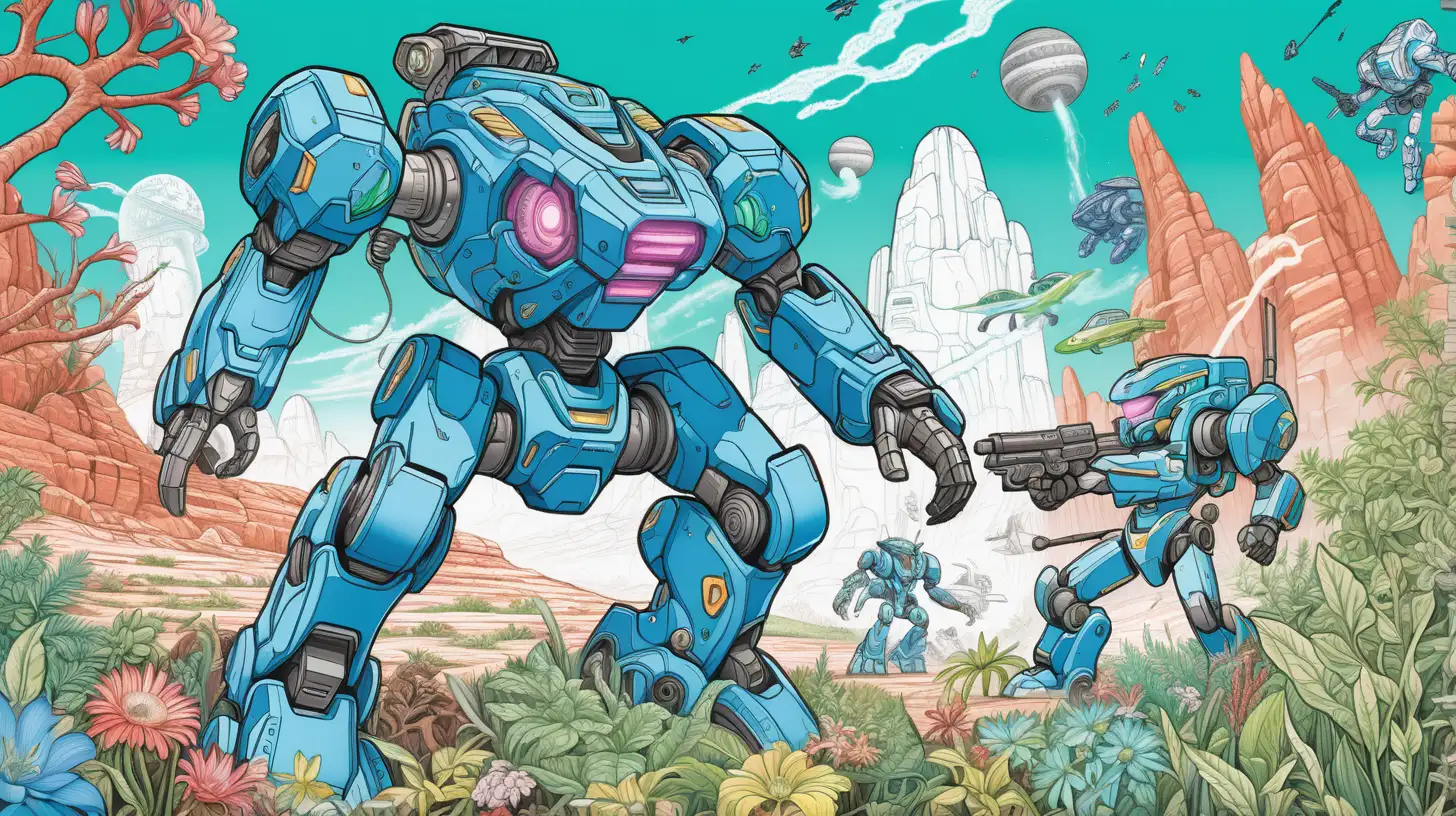 Mechs battling in an otherworldly alien landscape with vibrant flora and fauna, coloring book style, thick lines, no shading, simple, cover art, with greens and blues