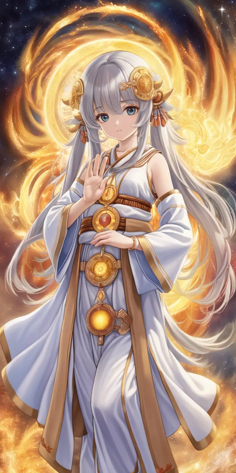 Anime deity girl with a cute and pure appearance. Wearing a simple outfit, she embodies knowledge, life, and love. Her essence includes divine intelligence, compassion, forgiveness, and respect. Symbolizing truth and sacredness, she's associated with the Time God and the 7th Dimension, with a touch of purified fire.