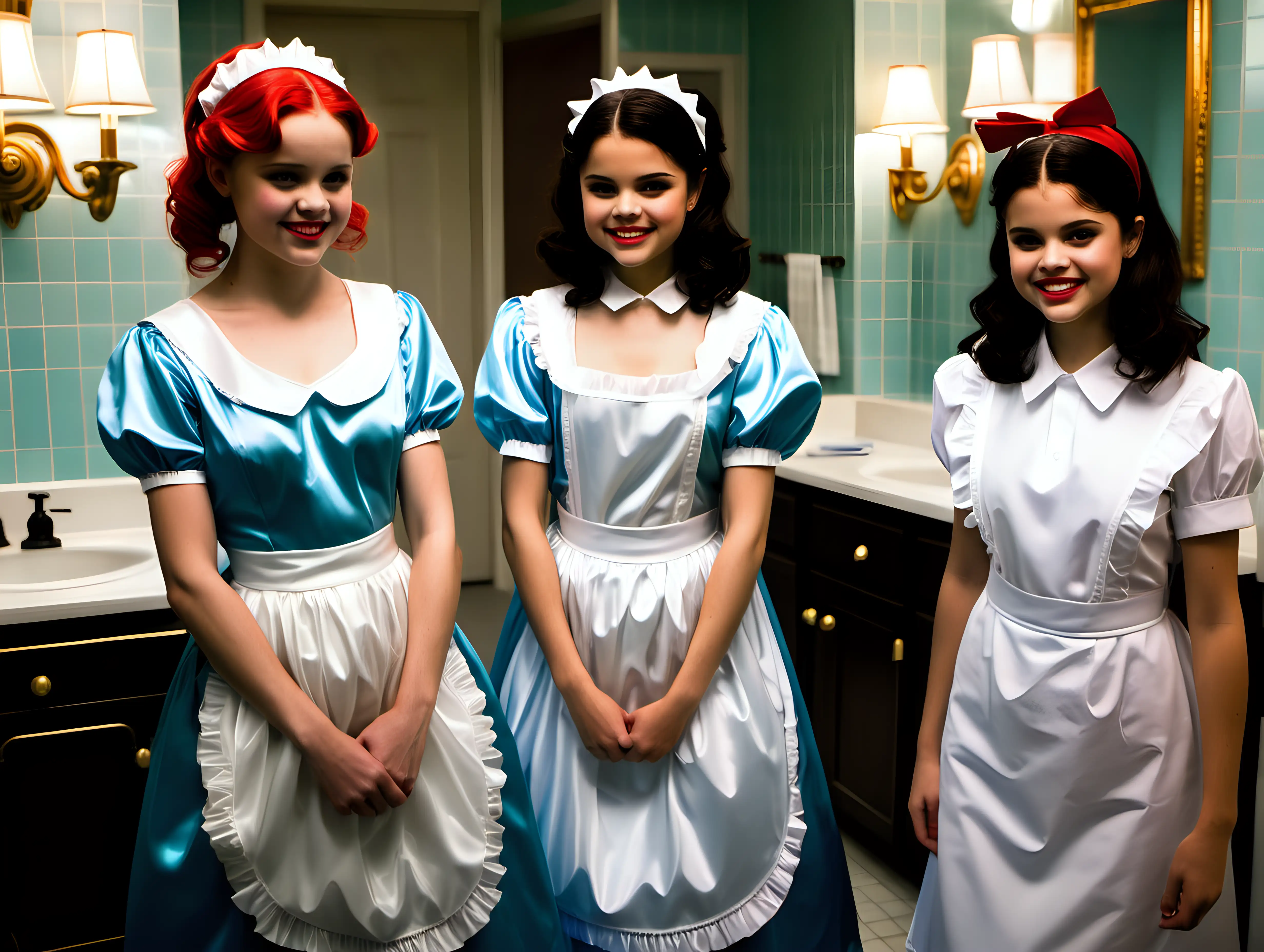 girls in long   crystal silk satin blue  retro maid  gown with white apron and peter pan colar and short sleeves costume and old mothers long blonde and red hair,black hair  rachel macadams and selena gomez smile clean bathroom