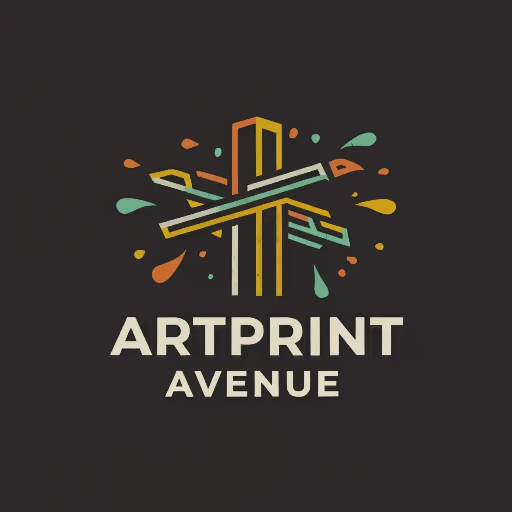 a logo design,with the text ArtPrint Avenue, main symbol:strereet sign,Moderate, be used in Entertainment industry, clear background, adorned with artistic elements like paintbrush strokes, splatters, or abstract shapes