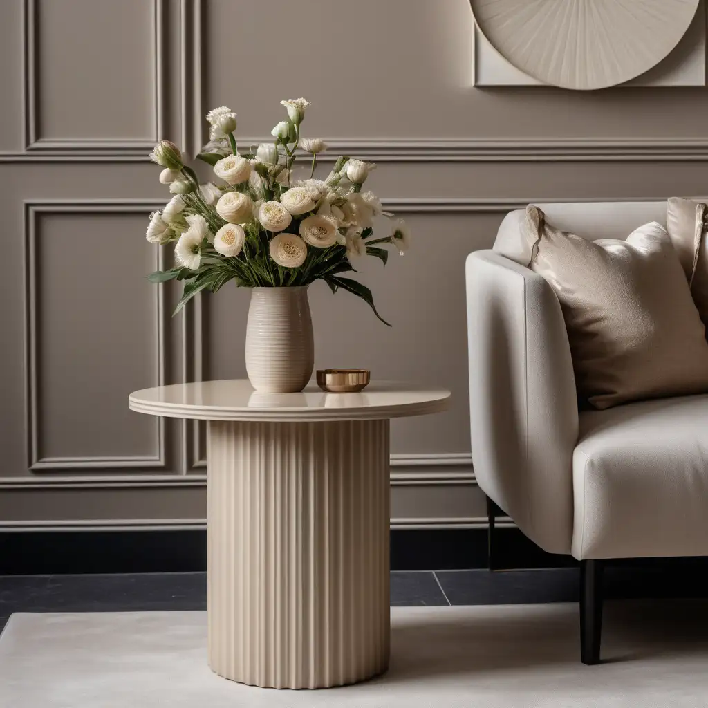 A product photography picture of a beige circle side table with a fluted base in the centre of a contemporary living room with a vase of flowers on top of it.