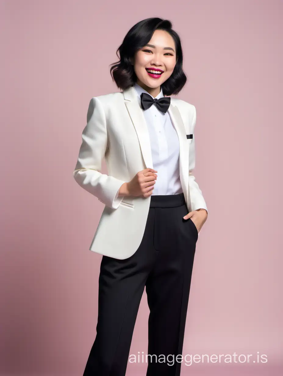 Smiling and laughing chinese woman with shoulder length hair and lipstick wearing an an ivory tuxedo with (black pants) with a white shirt and a black bow tie.  Her jacket is open.  Her hands are in her pockets.  Her corsage is is a pink carnation.

