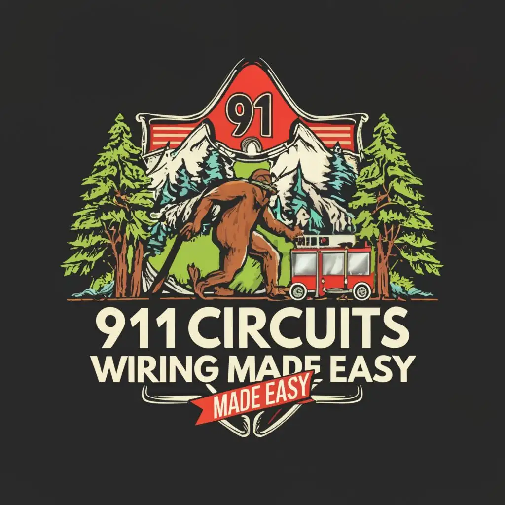 logo, fire truck, evergreen tree, Oregon, Sasquatch, axe, with the text "911 circuits wiring made easy", typography, be used in Technology industry