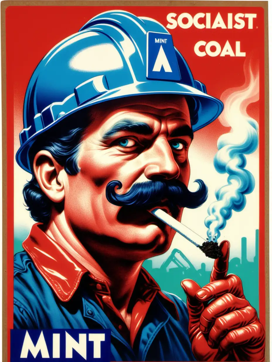 80s style red graphic ad label of a mint brand: a socialist coal miner with moustache and in blue helmet eating smoking