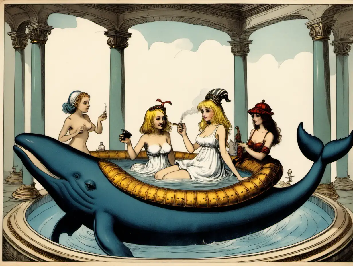 
Alice and a harem and a hookha smoking catipillar riding a whale in a Roman bath