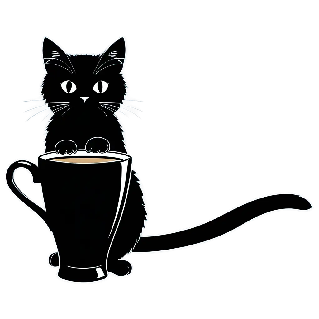 simple black and white line art drawing of a black cat perched on the edge of a coffee cup, looking forward at the camera