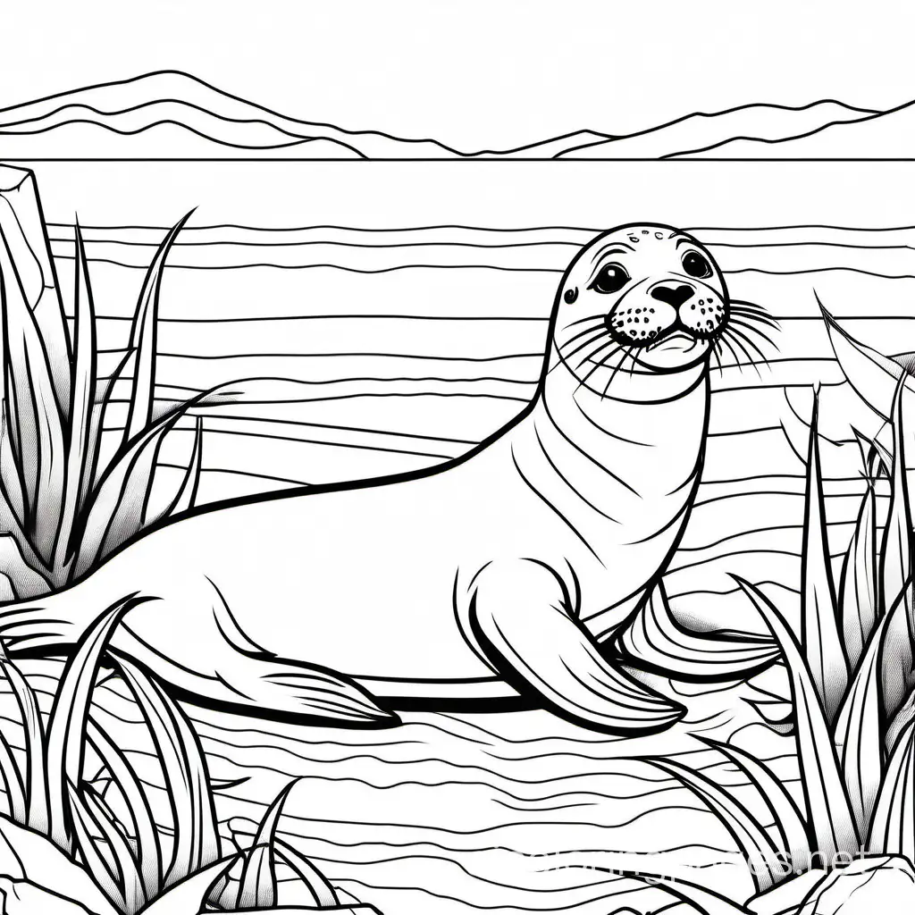 the harbor seal, Coloring Page, black and white, line art, white background, Simplicity, Ample White Space. The background of the coloring page is plain white to make it easy for young children to color within the lines. The outlines of all the subjects are easy to distinguish, making it simple for kids to color without too much difficulty