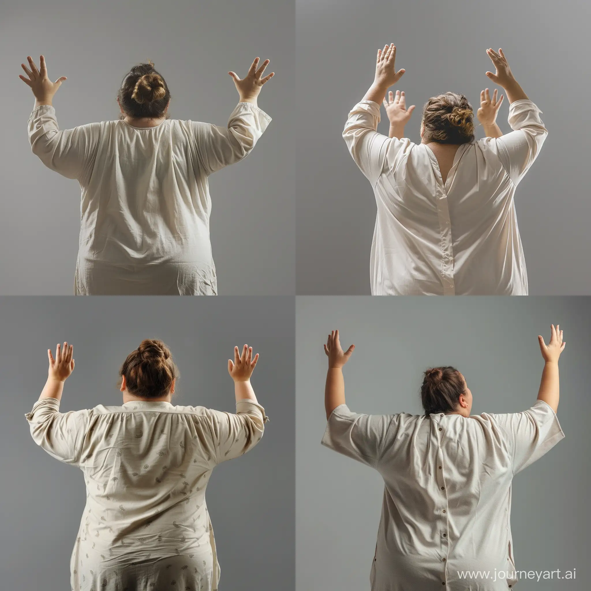 Joyful-PlusSize-Woman-in-Nightshirt-with-Raised-Hands-on-Gray-Background