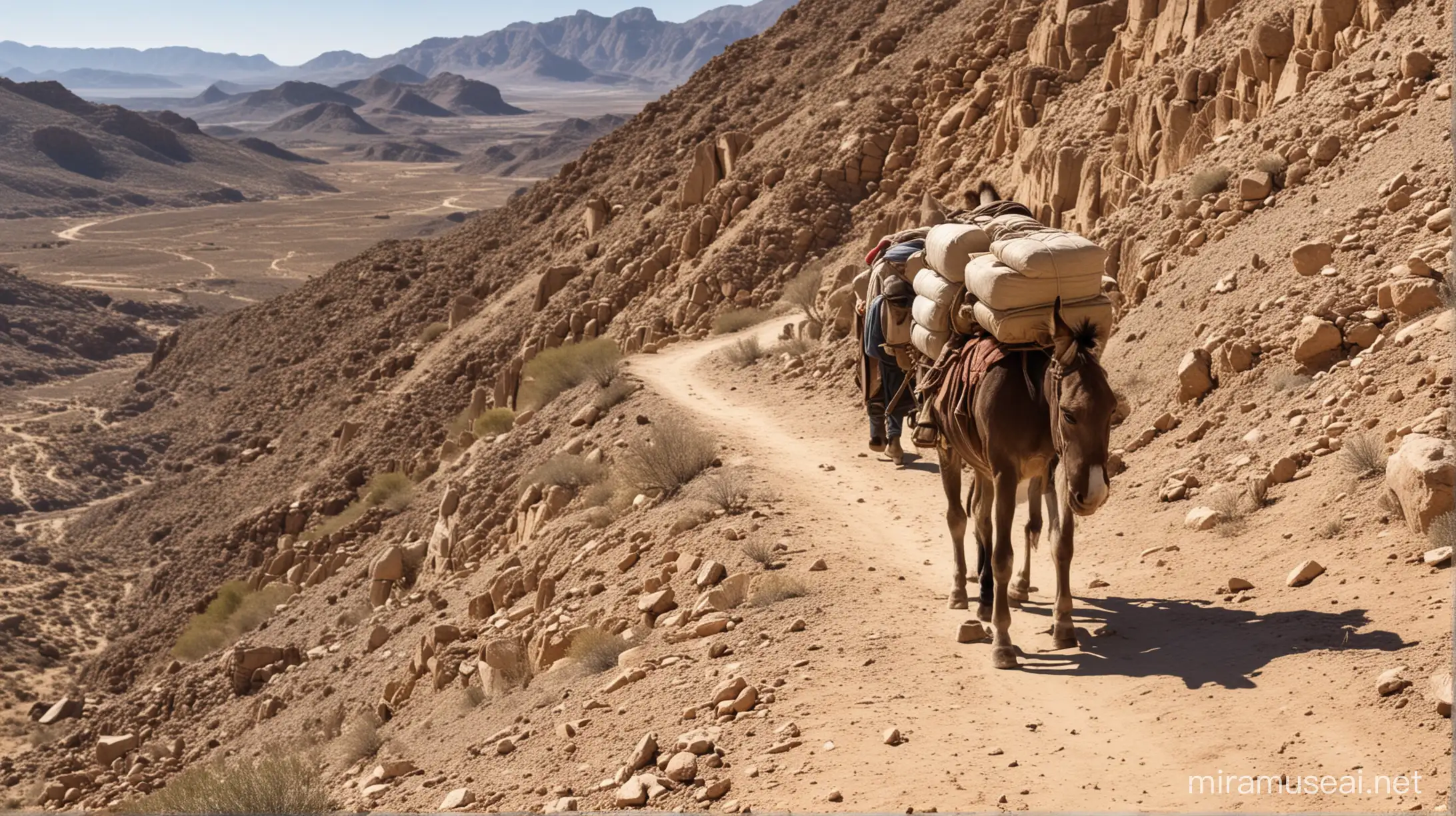 donkey ladened with supplies, going along a desert trail up a mountain,  with a man and a boy walking beside it. in the era of Moses.