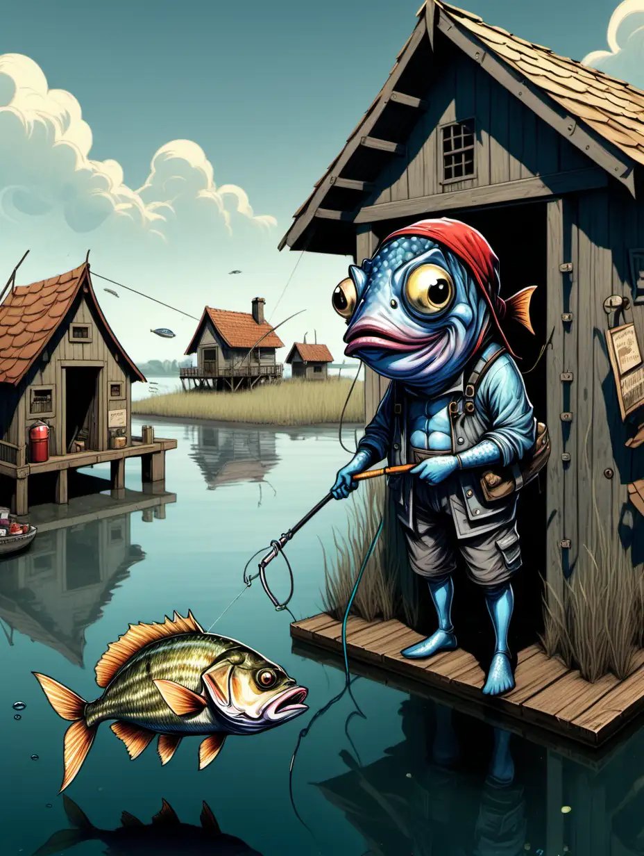 blubery fish person with a slimey gray scaly fish head on a human body, wearing a fishing outfit , he is standing next to a wooden shack that is half submerged in water, a medieval village is in the background, a small hamburger is on the end of his fishing line like a lure, hideous fish person, busty, the fishing rod has a hamburger on the end