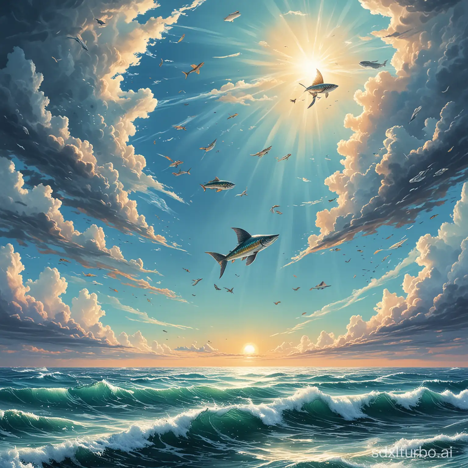 ocean in the sky with flying fish