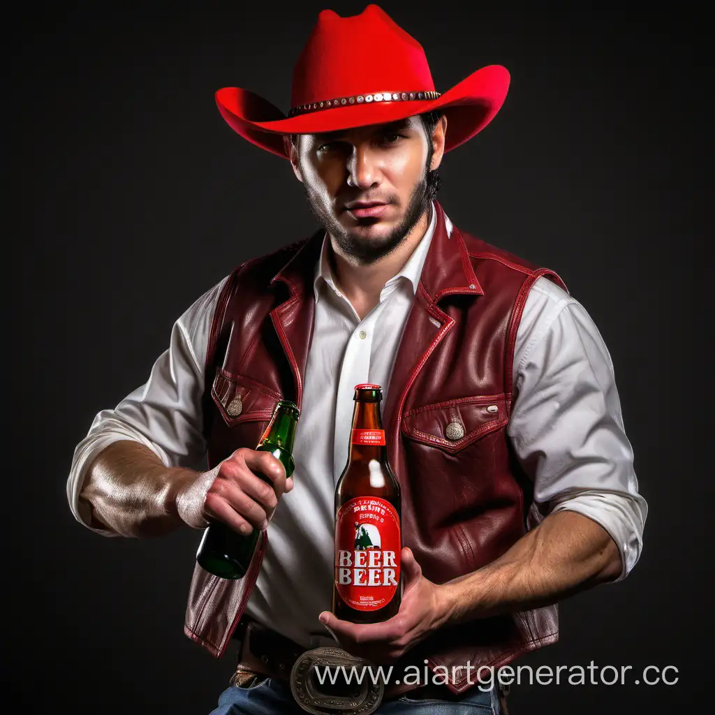Ковбой в красной шляпе с бутылкой пива в руке 