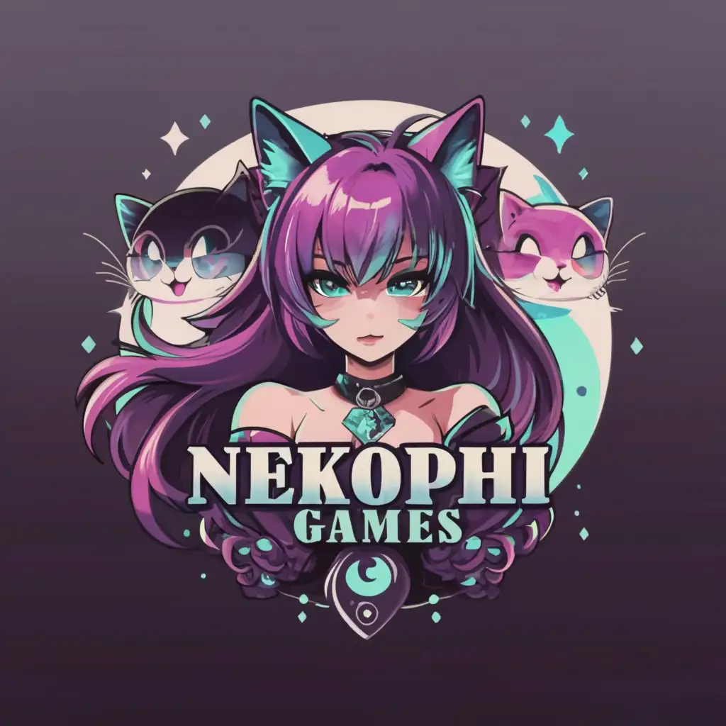 LOGO-Design-For-NekoPhi-Games-Minimalistic-Sexy-Catgirl-Portrait-Moon-Anime-Purple-Teal-Heterochromia