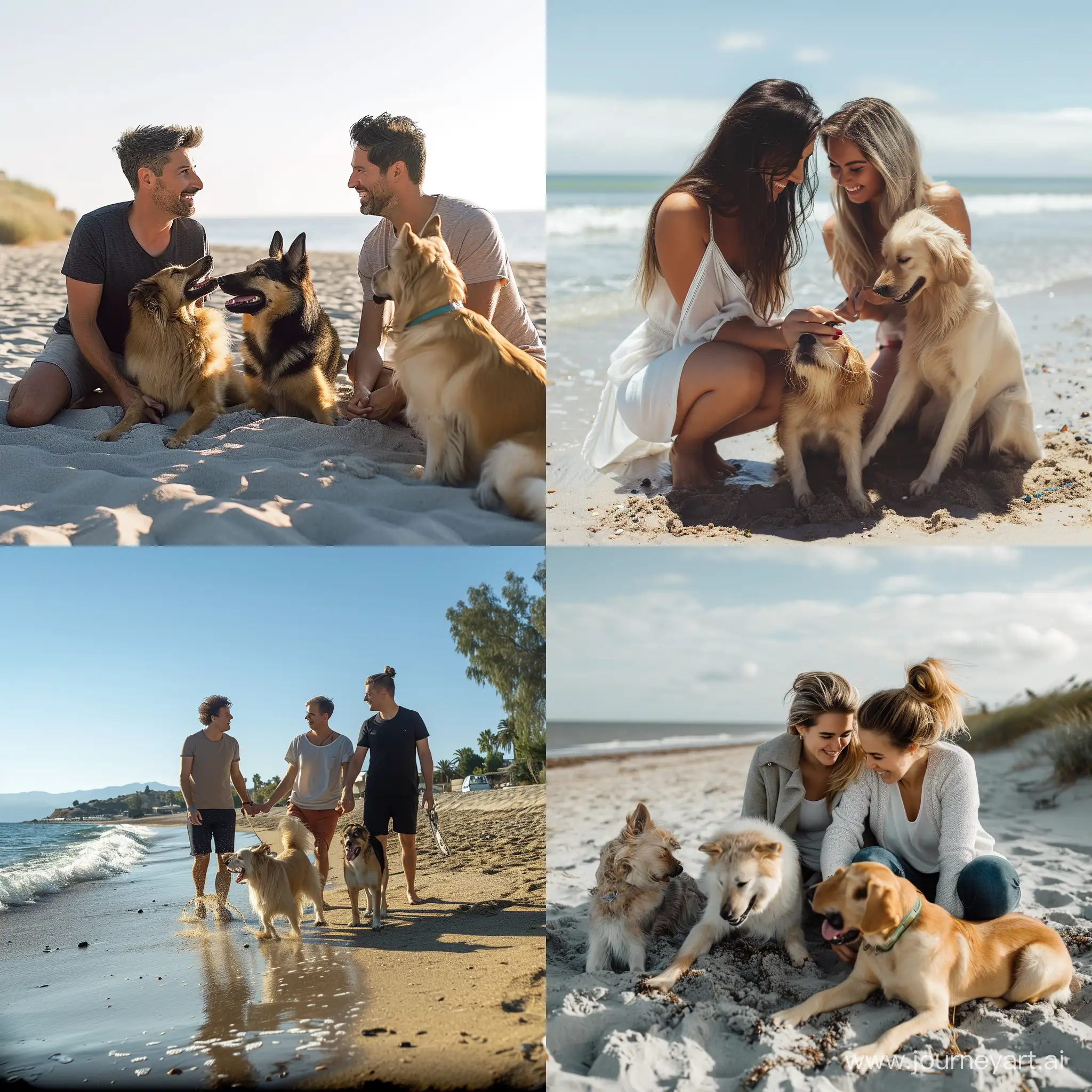 A gay couple in the beach playing with two Belgian Sheepdog and one golden retreiver 