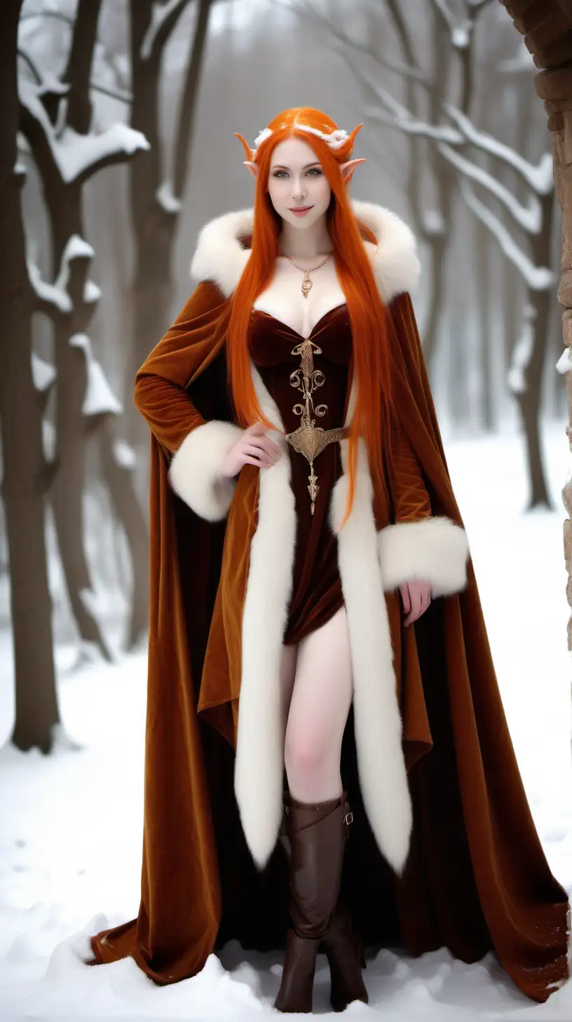 beautiful voluptuous elf princess, age 25 years, long straight bright orange hair, pale white skin, pointy ears, smooth flawless skin, full body view brown eyes, shy smile, amber necklace, brown velvet cloak lined with white fur, cold, trudging through the snow, medieval fantasy