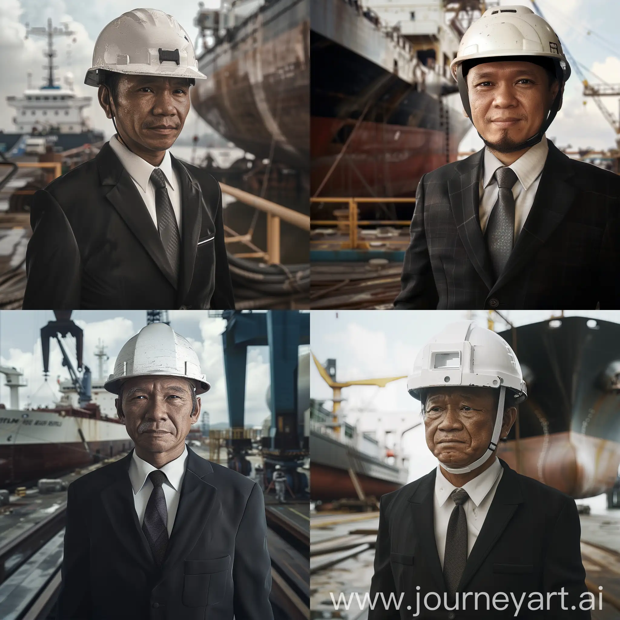 shot of an Indonesian man wearing a black suit, tie, wearing a white project helmet, a faint smile on his face, at a ship factory, in the background of a tanker being repaired, original photo, detailed, looks real, 8k uhd