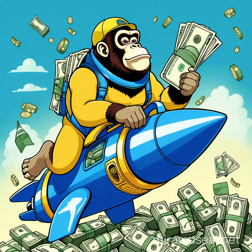 yellow ape holding bags of money riding a blue banana rocket ship