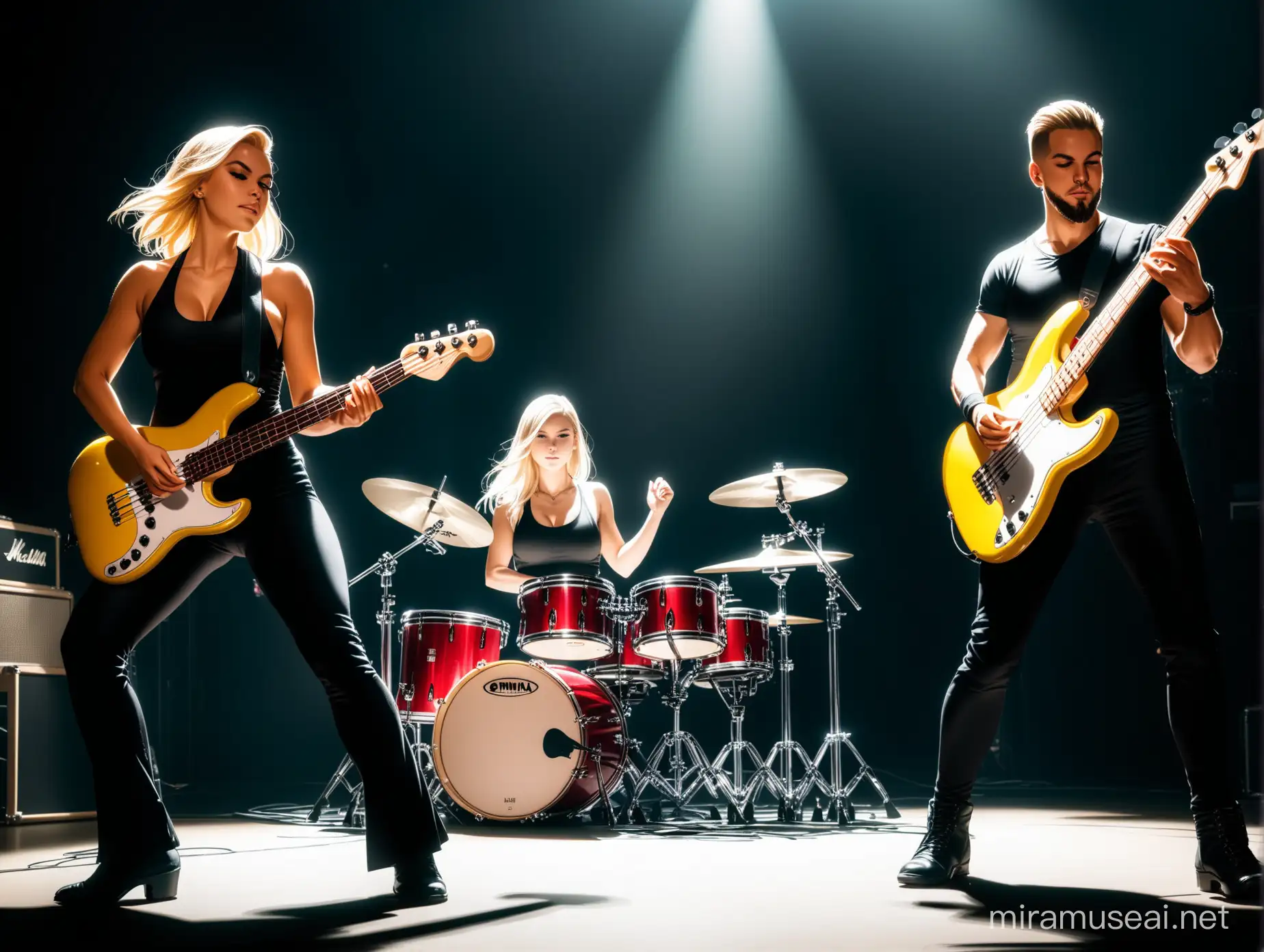 Hero pose of 4 individuals, 1 blonde female in front, 1 male drummer, 1 male guitar player, 1 bass player, cinematic lighting