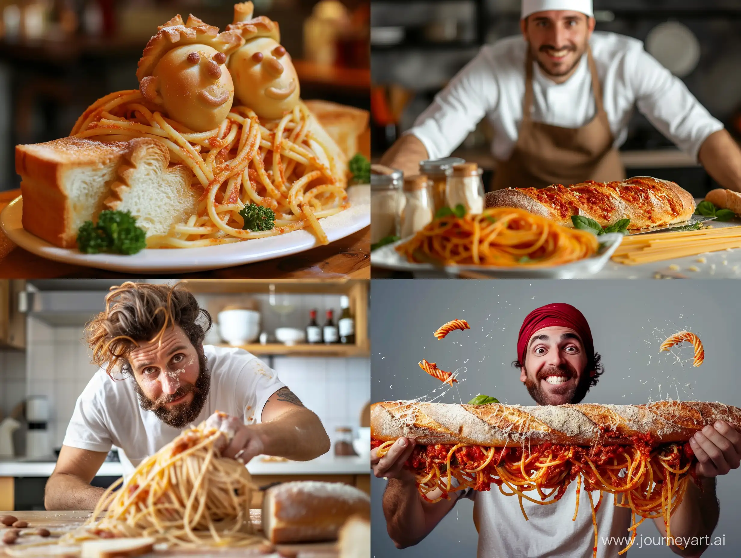 Man-Preparing-Spaghetti-with-Bread-in-Kitchen
