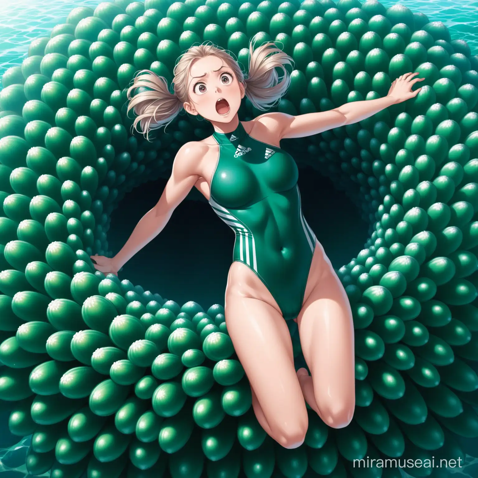 A 21-year-old beautiful busty,skinny fit Swedish woman model wearing Adidas dark-green high-leg-cut competition one-piece-swimsuit with silver sections. She is  being engulfed a giant sea anemone on the floor, she is terrified and trying to escape, photo

Her hair is in high pigtails. She looks lustrous